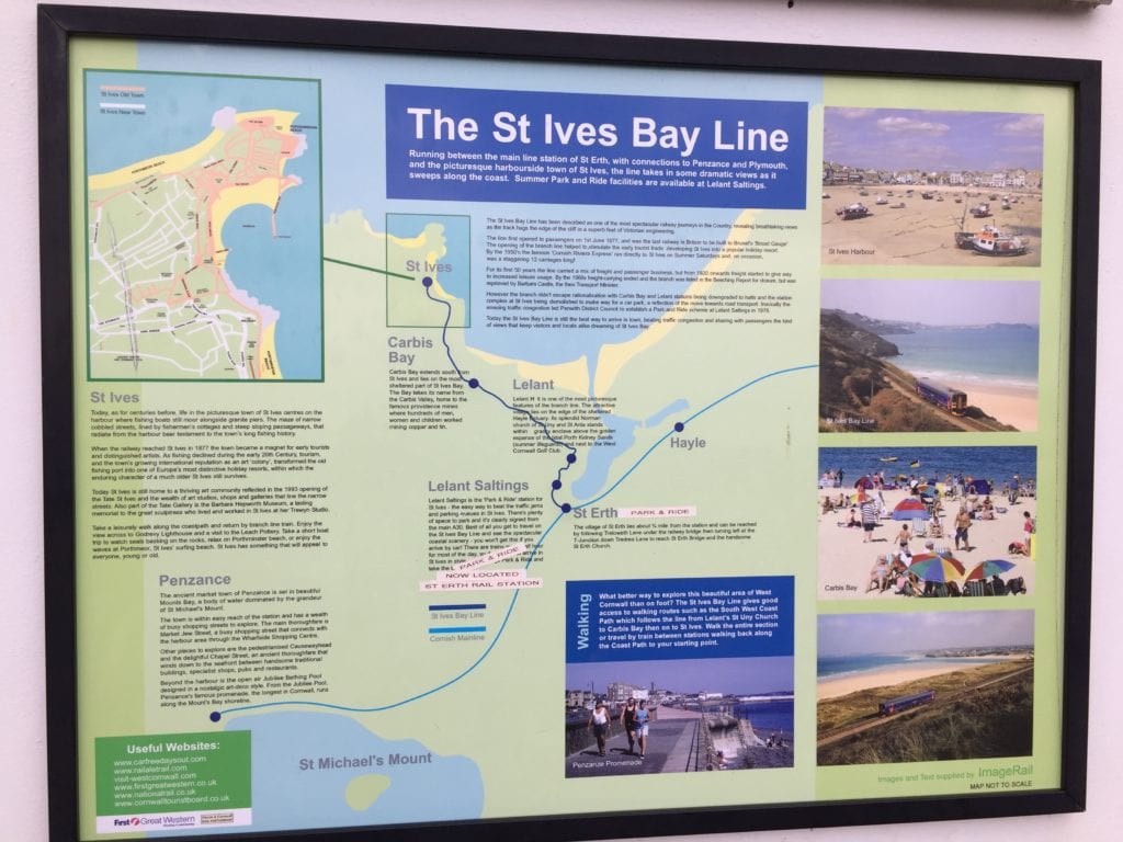 A sign at St Ives train station showing the route of the line through Carbis Bay, St Ives, Lelant, Lelant Saltings and St Erth/.St Ives to Carbis Bay on the South West Coast Path