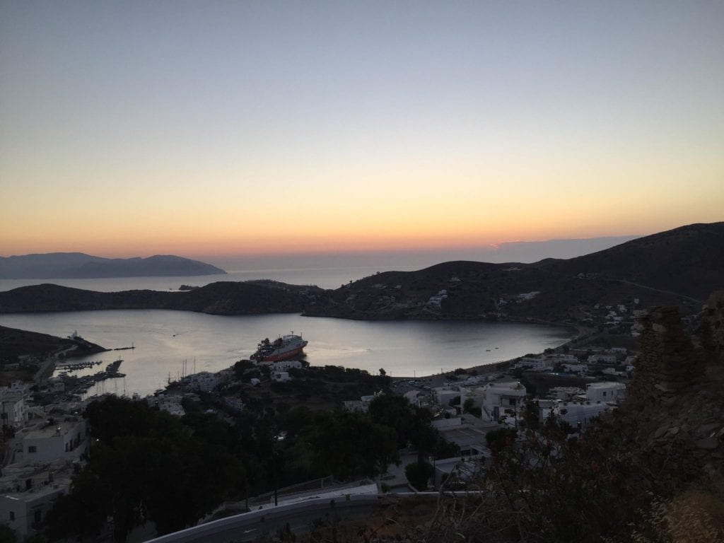 After sunset - looking down onto Yialos beach and Ios port from Ios Chora